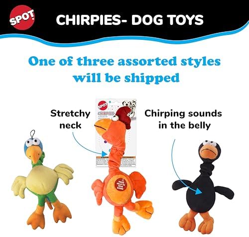 SPOT Chirpies Plush Dog Toy – Bird Sound Squeaky Toy for Small and Medium Dogs, Light to Moderate Chewers, Stretchy Bungee Neck, Recycled Stuffing – 14 in, Assorted Styles