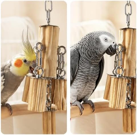 AOTU Medium Large Parrot Chew Toy, 304 Stainless Steel Natural Hardwood Bird Toys, Safe Durable Hanging Interactive Enrichment Toy for Macaw, Cockatoo, African Grey, Amazon Parrots