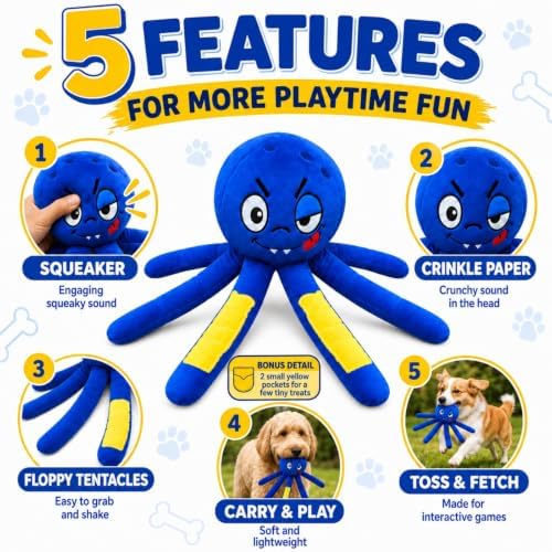 Octopus Dog Toy, Squeaky Plush Toy for Small and Medium Dogs | Funny Octopus Dog Toy with 6 Floppy Tentacles, Squeaker, Crinkle Sounds and Tiny Treat Pockets for Small and Medium Dogs