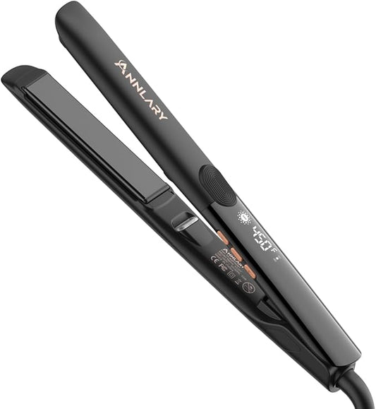 Annlary Hair Straightener 1 Inch Flat Iron and Curler 2 in 1 Titanium Ceramic Ionic Dual Voltage Straightener with Heat-Resistant Silicone, for Less Frizz, Shinier & Smoother