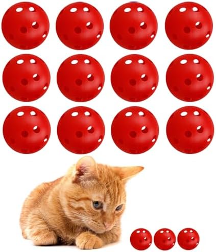 12Pcs Cat Ball Toy, Low Noise No Bells Holey Plastic Cat Balls, Funny Interactive Cats Toys for Indoor Cats, Firm Toy Balls for Kitten Puppy Ferret Bird (1.65", Red)