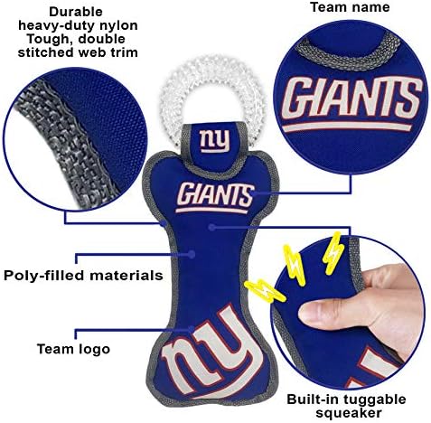 Pets First NFL New York Giants Dental Dog TUG Toy with Squeaker. Tough PET Toy for Healthy Fun, Teething & Cleaning Pet's Teeth & Gum., Team Color, one Size (NYG-3310)