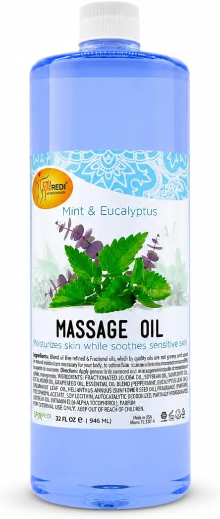 SPA REDI Mint Eucalyptus Professional Massage Oil – 5-Oil Botanical Blend for Deep Tissue Relief & Dry Skin | Vitamin E, Almond, Avocado & Sunflower Oils | Cruelty-Free, Sulfate-Free | 32 oz