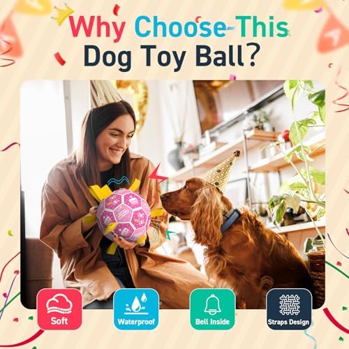 QDAN Dog Birthday Toys, Puppy Gifts, Dog Soccer Ball with Straps, Pink | 8 Inch Outdoor Herding Balls for 30-90 lbs Dogs, Interactive Training Soccer Toy for Tug of War, Dog Ball to Keep Them Busy