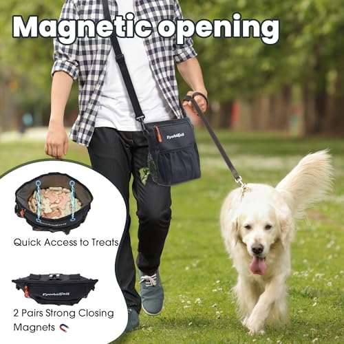 Dog Treat Pouch, 4 Cup Training Bag, Magnetic Closure, 3 Way Wear, Black | 600D waterproof Oxford fabric, multi pocket storage, zipper and mesh pockets, pull out poop bag dispenser, includes 2 rolls