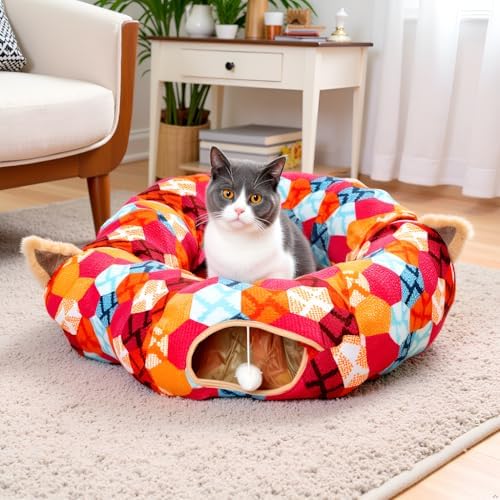 AUOON Cat Donut Tunnel with Bed for Kitten Puppy Rabbit Ferret, Orange
