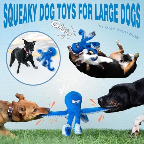 Large Dog Toys, Squeaky Dog Toy, Stuffed Crinkle Blue Octopus Toys 2 Pack | Tough Soft Fabric, Interactive Tug of War Puppy Chew Toys for Teething, Birthday Gift for Pet, Training Reward
