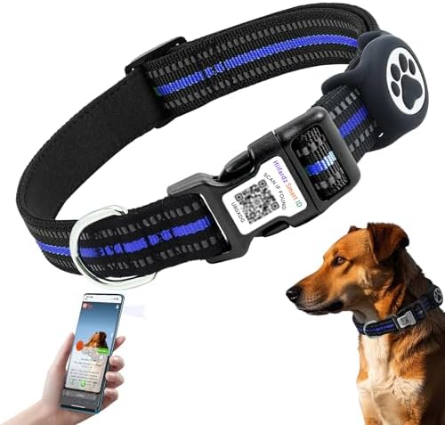 Dog Collar with Tracker Holder and QR Code ID, Waterproof Bluetooth Tracker Case, Reflective Padded Nylon for Small Medium Large Dogs