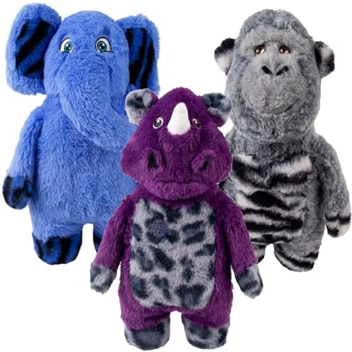 KONG Jungle Jamz Plush Dog Toys – Squeaky, Crinkly, and Rattling Durable Toys for Dogs – Safari Animal Collection (Gorilla/Elephant/Rhino Combo)