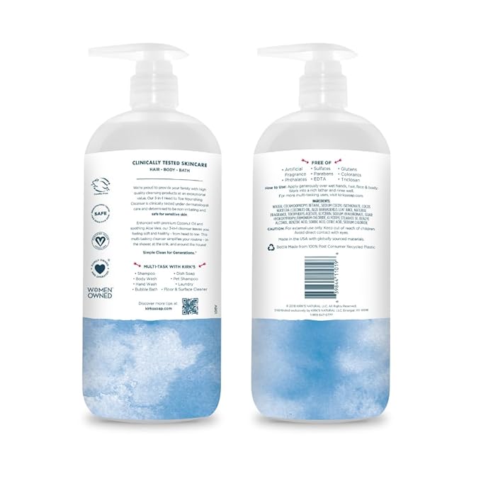Kirk's 3-in-1 Head to Toe Nourishing Cleanser & Travel Size Bar Soap - for Men, Women & Children, Made with Premium Coconut Oil and Aloe Vera, Non-GMO & Vegan, Original Fresh Scent, 32 Fl Oz.