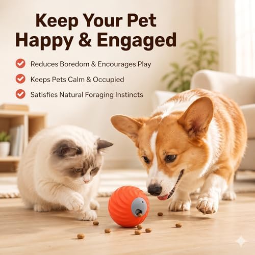 Automatic Rolling Treat Dispensing Pet Ball, Interactive Leaking Food Pet Toy, Dual Mode Rechargeable Puzzle Feeder for Small Medium Dogs & Indoor Cats（2.83In,0.36lb,Orange）