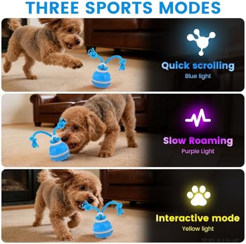 Interactive Dog Toy with Rope, 2026 Upgraded 3 Modes 360° Smart Automatic Rolling Moving Rechargeable Moving Fetch Dog Toy Ball for Boredom(Blue)