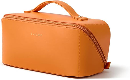 EACHY Travel Makeup Bag, Large Capacity Cosmetic Bag for Women, Waterproof PU Leather, Flat Open Portable Toiletry Bag for Skincare, Brushes & Travel Essentials