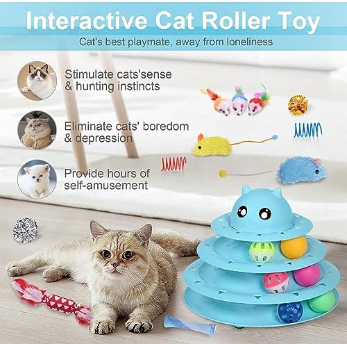 UPSKY 24 PCS Cat Toys Set with Teaser, Mice, Spring, and Various Ball Toys | Puzzle Kitten Toys, Sturdy Structure, Detachable Design, Easy to Assemble, Anti-Slip, Reduces Boredom for Indoor Cats