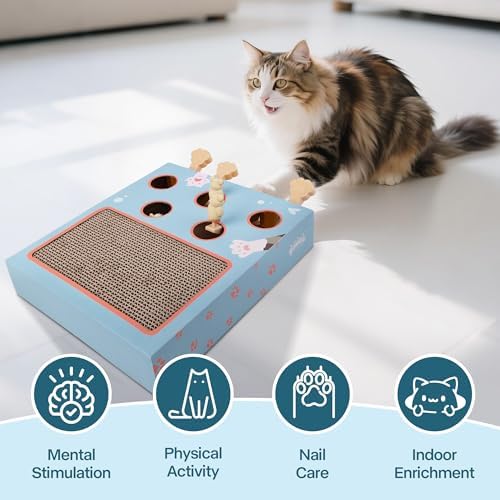 PAWISE Interactive Cat Scratcher Toy - 3-in-1 Cardboard Cat Scratching Board & Interactive Puzzle Toy Box for Indoor Cats, Nail File Scratch Pad with Pop-up Mice, Cat Enrichment Toy for Kitten
