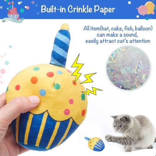 BINGPET Cat Birthday Decorations Outfit, 5 Pcs Catnip Toys for Indoor Cats
