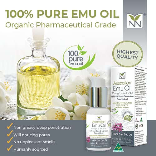 Y Not Natural Pure Emu Oil - Organic Moisture for Face, Body, Hair, Scalp & Nails - Rich in Omega 3-6-9, Vitamins & Essential Minerals - Australian Emu Oil (60ml) 2.03 fl oz - Rose Geranium