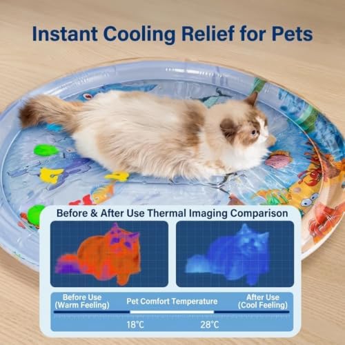 Aqua Cats Water Mat, 25.6 x 25.6 Inch Floating Fish Interactive Playmat, Thick PVC Dual-Use Cooling & Warming Pad, Anti-Scratch Leakproof Non-Slip Foldable Pet Mat (A)