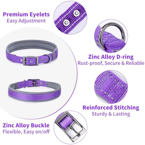 Segarty Reflective Purple Girl Dog Collar, Adjustable Wide Soft Comfortable Breathable Neoprene Padded Nylon Collar with Heavy Duty Metal Buckle for Extra Large Breeds (XL, Purple)