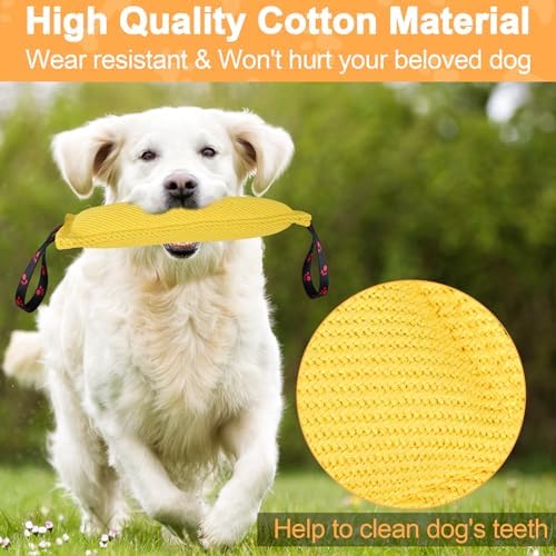 ToLanbbt Dog Tug Toy Bite Jute Pillow Pull Toy with 2 Strong Handles Perfect for Tug of War, Puppy Interactive Play, Tear Resistant Bite Training for Small Medium Large Dogs (Bright Yellow-Footprint)