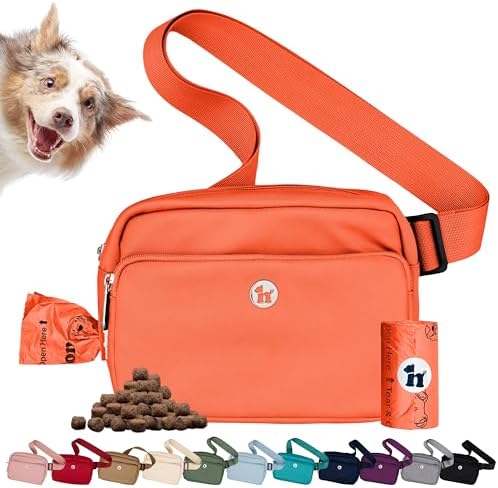 Puppington 3-in-1 Crossbody Bag & Dog Treat Pouch for Pet Training - Matching Poop Bags & Built-in Poop Bag Dispenser - Zippered Pockets - Dog Walking Bag for Office to Off-Leash (Poppy Orange)