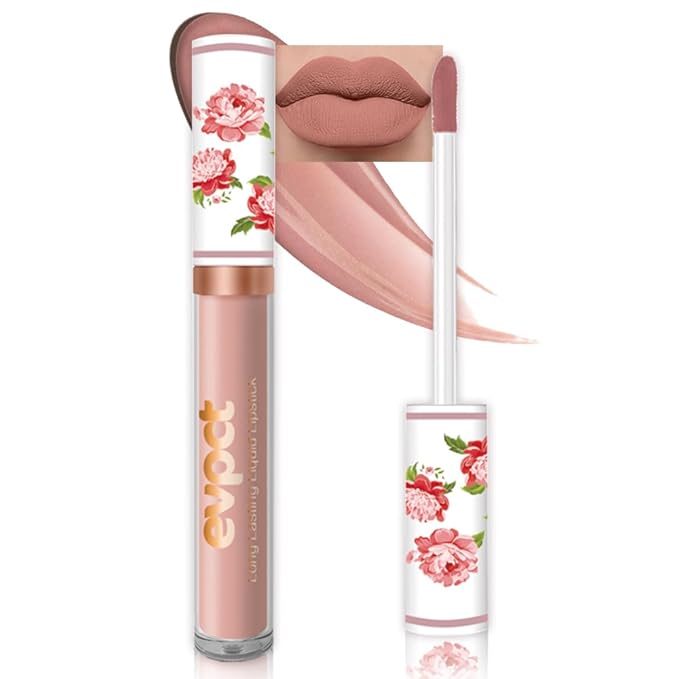 evpct 1Pcs Nude Matte Liquid Lipstick Lip Stain Sets for Women, Peony Flower Nude Brown Pink Matte+Lipstick Long Lasting Permanent 24 hr Hours Magic Lipstick 24 Hours original Waterproof, 01#