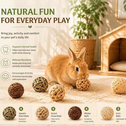 Skylety 15Pcs Bunny Chew Balls Grass Toys for Rabbit Guinea Pig Hamster