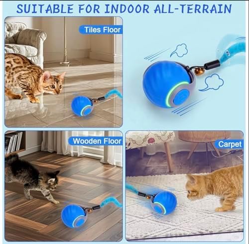 Interactive Automatic Pet Ball Toy for Cats & Small Dogs – USB-C Rechargeable, 3 Tails, 2 Speed Modes for Endless Play (Blue, Small)