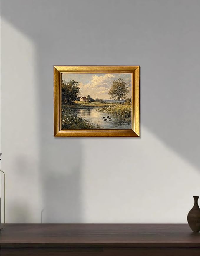 Gold Framed Vintage River Landscape Wall Art Ducks Print Poster Cottage Core Decor Country Landscape Artworks for Living Room Bedroom Bathroom Decor