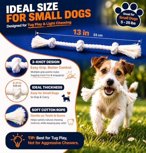 2-Pack 13" 3-Knot Dog Rope Toys for Puppies & Small to Medium Dogs, Natural Cotton Tug Toys for Interactive Indoor & Outdoor Play, Fetch, Teeth Cleaning, Training, Light Chewers, Washable, White