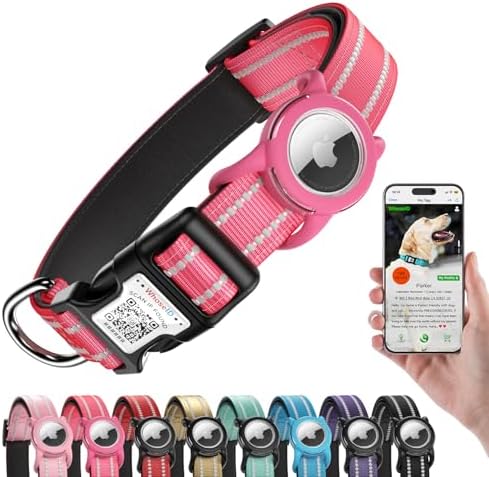 Airtag Dog Collar for Large Dogs, with Waterproof Airtag Holder, Rose | Reflective, Breathable Nylon Padded, Built-in QR Code, Adjustable, Comfort for Walking, Training
