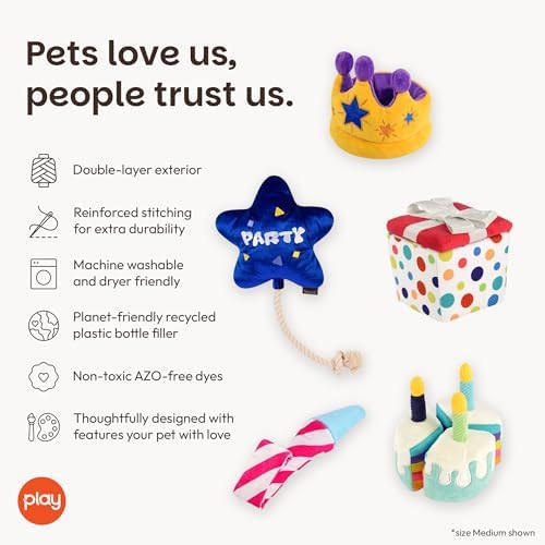 P.L.A.Y. Cute Plush Dog Toys - Birthday Party Celebration Themed Durable Squeaker Chew Toys, for Puppies & Small, Medium, Large Dogs - Machine Washable, Recycled Materials (5 Piece Set, Medium)