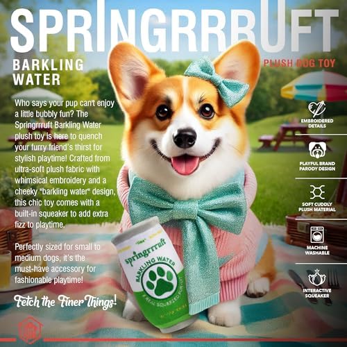 Springrrruft Barkling Water – Luxurious Parody Plush Dog Toy with Squeaker, Premium Fabric, Embroidered Details, Designer-Inspired Chew Toy, Fun Gift for Medium Dogs & Dog Lovers