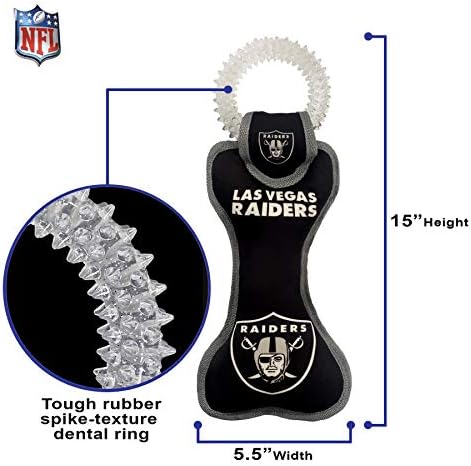 Pets First NFL Las Vegas Raiders Football Dental Tough Dog TUG Bone Toy with Built-in Squeaker Attached to a Safe Rubber Teething Toothbrush PET Toy, Team Color, (OAK-3310), 14 x 5