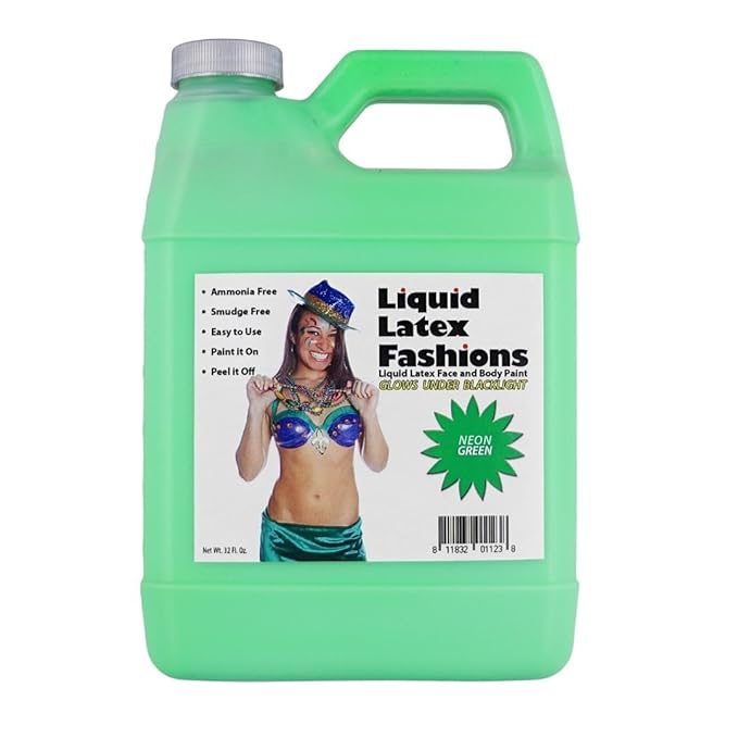 Neon Green Liquid Latex Body and Face Paint, 32 Fl Oz, Ammonia Free, Smudge Free, Easy to Use, Peels Off