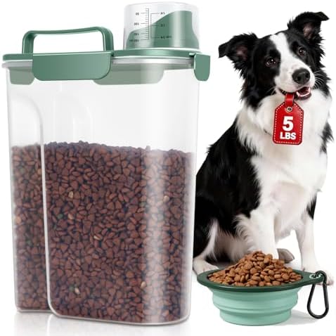 TBMax 5 Lbs Travel Dog Food Storage Container with Collapsible Dog Bowl, Airtight Pet Food Storage Dispenser with Large Spout & Measuring Cup for Kibble Dog Treat Bird Seed Container -Dark Green