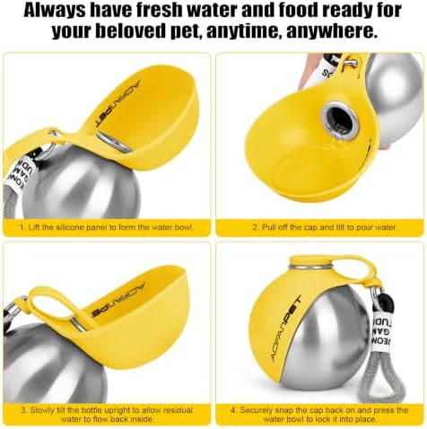 Portable Dog Water Bottle 10oz Stainless Steel Travel Dog Water Dispenser with Bowl No-Spill Puppy Water Bottle for Walking Hiking Small Dog Water Bottle (Yellow)