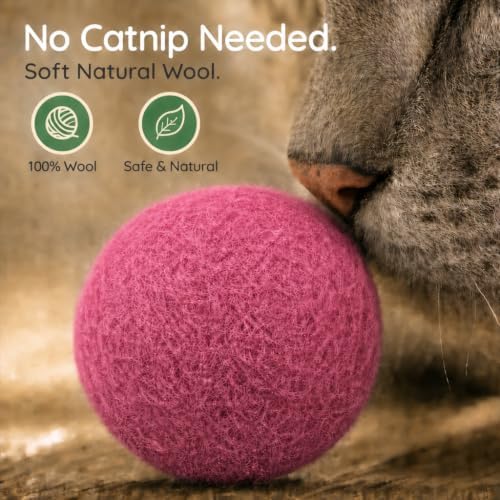 Wool Cat Toys - Silent Felt Balls for Small Pet Fetch and Play - Eco Friendly Quiet Wool Ball Toy for Cats and Kittens - Choose Your Colors - 6PCS Pink