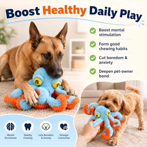 Squeaky Dog Plush Chew Toy, Interactive Tug Squeaky Toy for Chewers, Medium & Large Dogs & Fetch Play, 19.7 Inch Stuffed Octopus Toy with Flexible Spring Tentacles for Gentle Gum Care & Boredom Relief