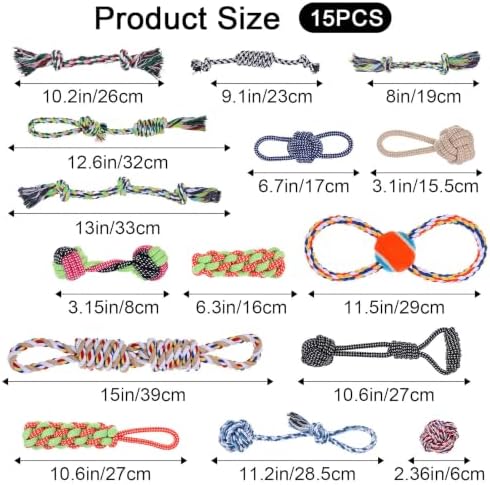 Fumusae 15PCS Dog Rope Toys for Dogs, Interactive Tough Chew Toys for Medium and Small, Heavy Duty Tug of War, Cotton Rope Knot Puppy Dental Toy