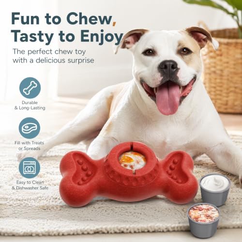 Dog Enrichment Toys - Freezable Treat Dispensing Bone Toy with 2 Lidded Treat Cups and Stuffable Side Grooves, Interactive Dog Busy Toy for Medium Large Dogs