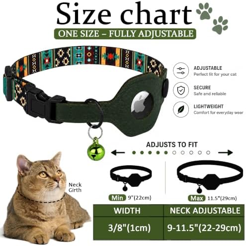 Breakaway Cat Collar with Leather AirTag Holder & Bell - Apple Air Tag Cat Collars for Girls & Boys, Lightweight Anti-Lost GPS Tracker Design, Printed Pattern - Safety and Adjustable (Tribal)