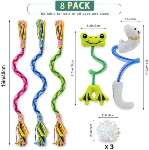Interactive Catnip Toys for Indoor Cats, Silvervine Sticks for Cats & Cat Chew Rope Toy for Teeth Cleaning, Cat Crinkle Balls for Kitten Training and Play, Cat Toys Set for All Breeds 8Pack