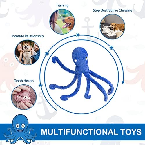 EXPAWLORER Large Squeaky Dog Toys - Stuffed Plush Long Dog Chew Toy, 2-in-1 Interactive Dog Toys with Built-in Squeak Ball and Crinkle Paper, Training Reward Birthday Gift Soft Octopus, Blue