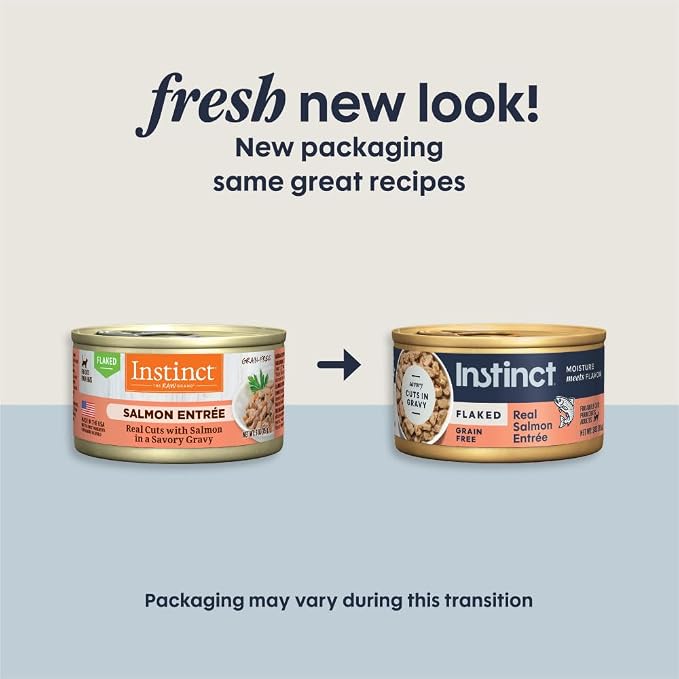 Instinct Flaked Entrees, Wet Canned Cat Food, Salmon, 3 oz. (24 Count) | Tender flaked cuts in savory gravy, high protein, real salmon, whole-food ingredients, grain-free, hydration support