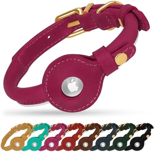 OOPSDOGGY Rolled Leather Dog Collar with Airtag Holder - Reflective Round Airtag Dog Collar - Soft Tracking Pet Collar for Small Dogs Puppy Cats Kitten (Pink, L, 14"-18")