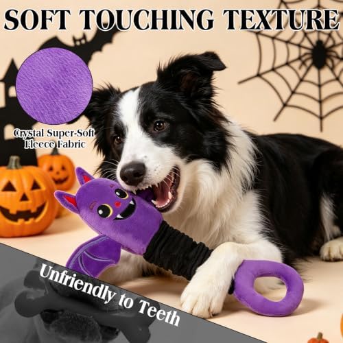 EXPAWLORER Halloween Squeaky Dog Toy - Durable Interactive Plush Bat with Squeaker & Crinkle, Stretchy Tug of War Toy for Small Medium Large Dogs to Keep Them Busy - Soft Pet Teething Stuffed Animal