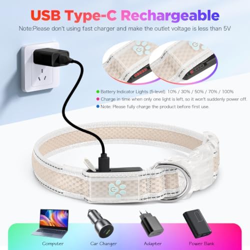 Flashseen Light up Collars for Dogs at Night, 9-Mode Glow, USB Rechargeable | Color Changing LED Lighted Dog Collar, Super Bright Adjustable Glow Collar for Night Walking (Soft Pink, Small)