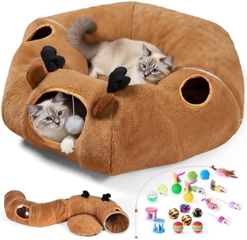 Cat Tunnel Bed with 20 Pcs Interactive Toys, 3-in-1 DIY Collapsible Plush Cat Tube with Washable Mat, Large Indoor Play Tunnel Cave for Kittens and Small Animals