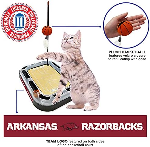 Cat Scratch Toy NCAA ARKANSAS RAZORBACKS REVERSIBLE Basketball Court Felt/Cardboard Cat Scratcher Toy. Interactive Cat Ball Bell in Tracks. 6-in-1 CAT TOY Cat Wand Poll, CATNIP-FILLED Plush Basketball
